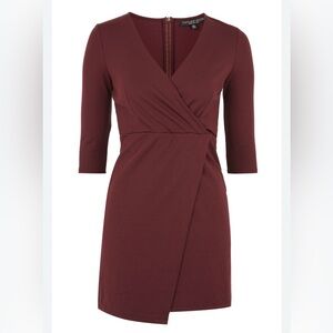TopShop faux-wrap mini dress, ponte, mulberry red, size 6